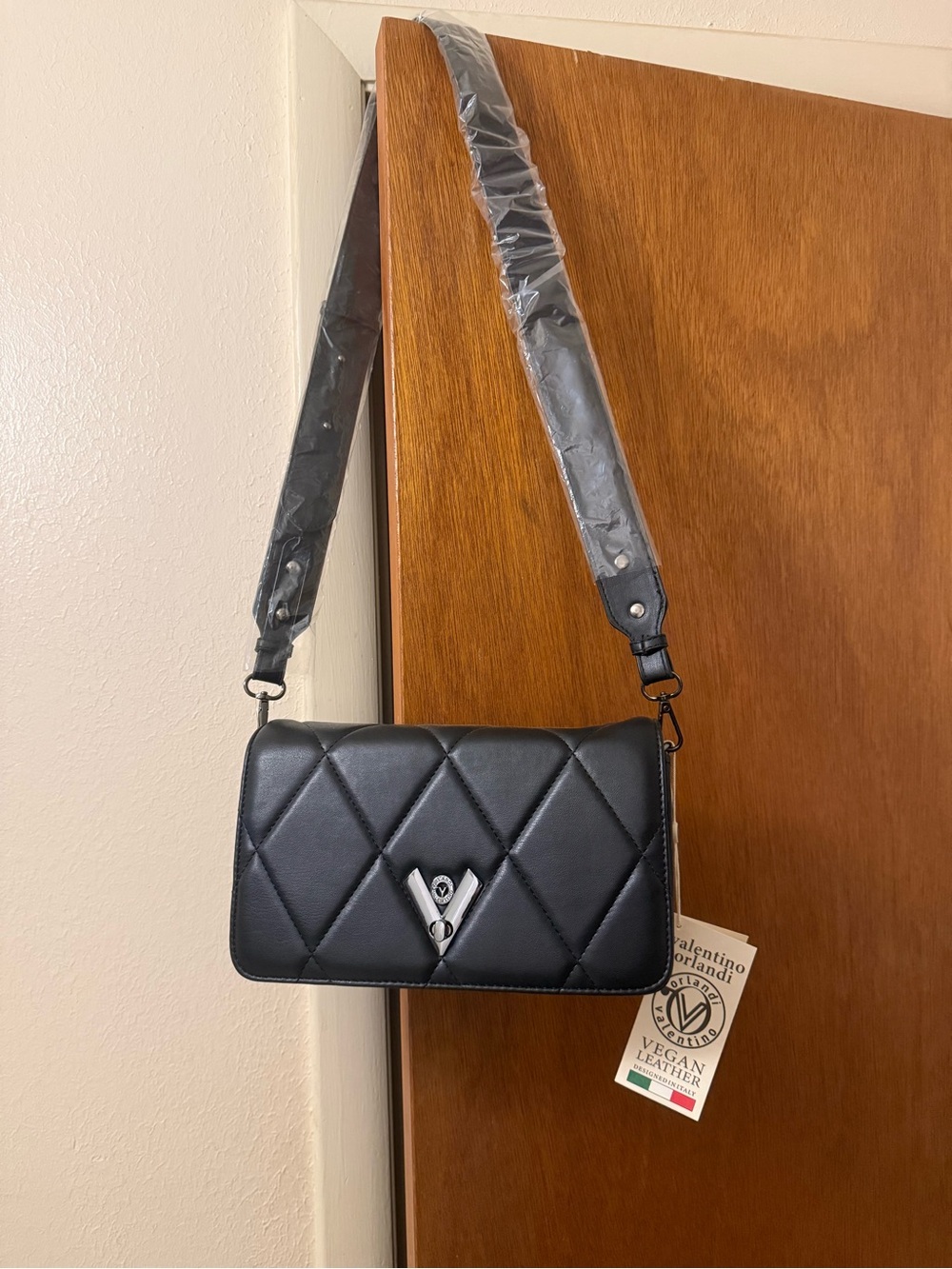 Valentino Orlandi Black Quilted Crossbody Bag with V-Logo